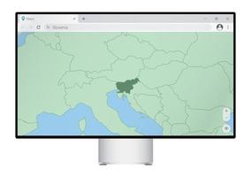 Computer monitor with map of Slovenia in browser, search for the country of Slovenia on the web mapping program. vector