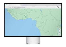 Computer monitor with map of Sao Tome and Principe in browser, search for the country of Sao Tome and Principe on the web mapping program. vector