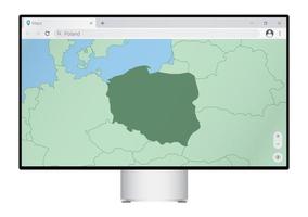 Computer monitor with map of Poland in browser, search for the country of Poland on the web mapping program. vector