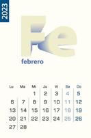 Minimalist calendar template for February 2023, vector calendar in Spanish language.