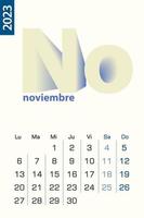 Minimalist calendar template for November 2023, vector calendar in Spanish language.