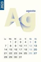 Minimalist calendar template for August 2023, vector calendar in Spanish language.