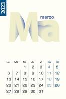 Minimalist calendar template for March 2023, vector calendar in Spanish language.