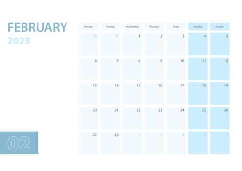 Calendar template for the February 2023, the week starts on Monday. The calendar is in a blue color scheme. vector