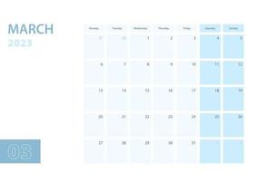 Calendar template for the March 2023, the week starts on Monday. The calendar is in a blue color scheme. vector