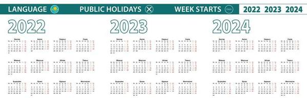 plantilla de calendario simple en kazajo para 2022, 2023, 2024 años. la semana comienza a partir del lunes. vector