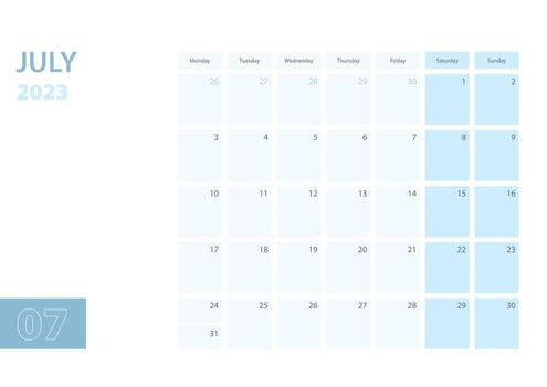 Calendar template for the July 2023, the week starts on Monday. The calendar is in a blue color scheme. vector