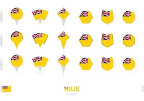 Collection of the Niue flag in different shapes and with three different effects. vector