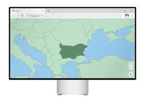 Computer monitor with map of Bulgaria in browser, search for the country of Bulgaria on the web mapping program. vector