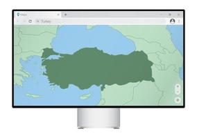 Computer monitor with map of Turkey in browser, search for the country of Turkey on the web mapping program. vector