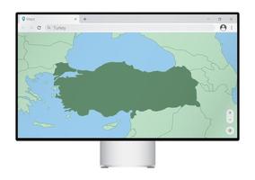 Computer monitor with map of Turkey in browser, search for the country of Turkey on the web mapping program. vector