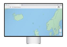 Computer monitor with map of Faroe Islands in browser, search for the country of Faroe Islands on the web mapping program. vector