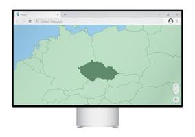 monitor de computadora con mapa de la república checa en el navegador, busque el país de la república checa en el programa de mapeo web. vector