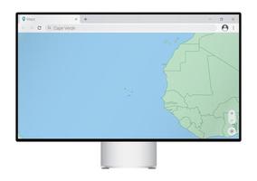 Computer monitor with map of Cape Verde in browser, search for the country of Cape Verde on the web mapping program. vector