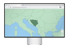 monitor de computadora con mapa de bosnia y herzegovina en el navegador, busque el país de bosnia y herzegovina en el programa de mapeo web. vector