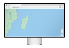 Computer monitor with map of Mauritius in browser, search for the country of Mauritius on the web mapping program. vector