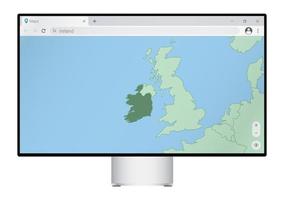 Computer monitor with map of Ireland in browser, search for the country of Ireland on the web mapping program. vector