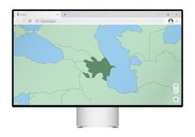 Computer monitor with map of Azerbaijan in browser, search for the country of Azerbaijan on the web mapping program. vector