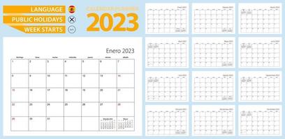 planificador de calendario español para 2023. idioma español, la semana comienza en domingo. vector