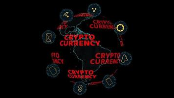 World map with cryptocurrency digital red text rotating and social media icon rolling and blue digital lock warning change to red video