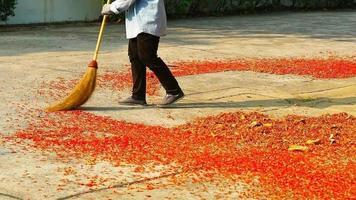 Gardener is cleaning red thousand flower of india oak falling on floor in the morning in the autumn video