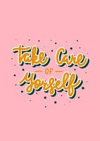 Vector poster with hand drawn unique monoline 3d lettering design element for wall art, decoration, t-shirt prints. Take care of yourself. Motivational and inspirational quote on pink background.