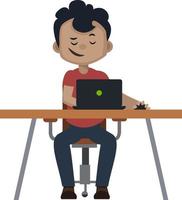 Boy is working on lap top, illustration, vector on white background.