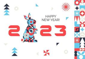 A bright poster with a geometric pattern. Happy Chinese Rabbit New Year. Asian zodiac. Scandinavian style vector