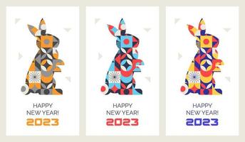 A set of Postcards with the Chinese new year 2023. The Year of the rabbit with a geometric pattern in scandi style vector