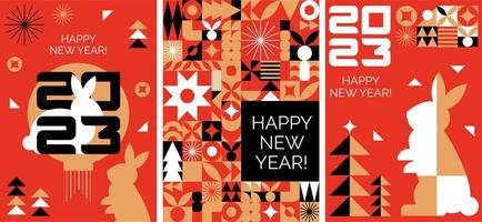 A set of geometric postcards. Happy New Year to the rabbit. The Chinese zodiac. Bright pattern vector