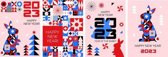 A set of geometric postcards. Happy New Year to the rabbit. The Chinese zodiac. Bright pattern vector