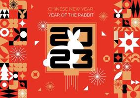 A red poster with a geometric pattern. Happy Chinese Rabbit New Year. Golden Asian Zodiac vector