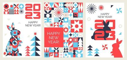 A set of geometric postcards. Happy New Year to the rabbit. The Chinese zodiac. Bright pattern vector