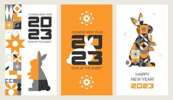 A set of Postcards with the Chinese new year 2023. The Year of the rabbit with a geometric pattern in scandi style vector