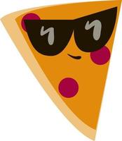 Slice of pizza wearing sunglasses, illustration, vector on white background.