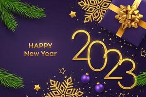 Happy New 2023 Year. Golden metallic numbers 2023 with gift box, shining snowflake, pine branches, stars, balls and confetti on purple background. New Year greeting card or banner template. Vector. vector