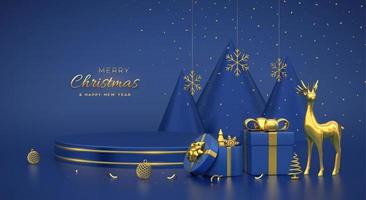 Christmas Scene and 3D round platform with gold circle on blue background. Blank Pedestal with deer, snowflakes, balls, gift boxes, golden metallic cone shape pine, spruce trees. Vector illustration.