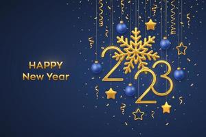 Happy New 2023 Year. Hanging Golden metallic numbers 2023 with shining snowflake and confetti on blue background. New Year greeting card or banner template. Holiday decoration. Vector illustration.