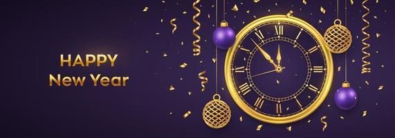 Happy New Year 2023. Golden shiny watch with Roman numeral and countdown midnight, eve for New Year. Background with shining gold and purple balls. Merry Christmas. Xmas holiday. Vector illustration.