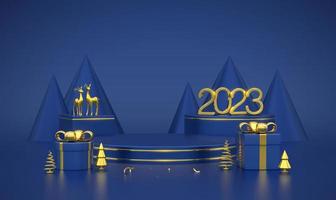 Happy New 2023 Year. 3D Golden metallic numbers 2023 on blue stage podium. Scene, round and cube platform with gift boxes, realistic golden deers, metallic pine spruce trees on blue background. Vector