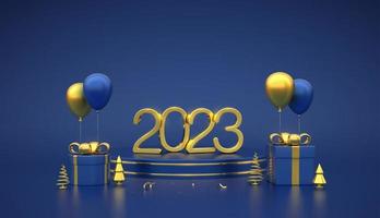 Happy New 2023 Year. 3D Golden metallic numbers 2023 on blue stage podium. Scene round platform with gift boxes and golden metallic pine, spruce trees and festive helium balloons. Vector illustration.