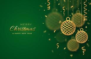 Christmas balls. 3D Realistic hanging golden metallic balls with falling confetti on green background. Greeting card. New Year Merry Christmas. Shining decoration hanging baubles. Vector illustration.