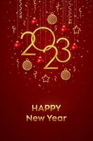 Happy New 2023 Year. Hanging Golden metallic numbers 2023 with shining 3D metallic stars, balls and confetti on red background. New Year greeting card, banner template. Realistic Vector illustration.