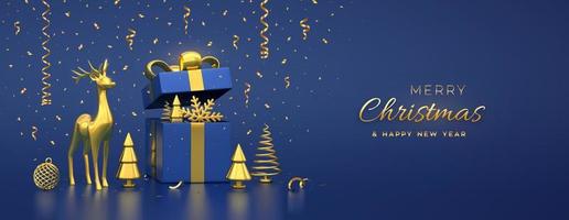 Christmas banner. Composition from open gift box with golden bow gold deer and golden metallic pine, spruce trees. New Year trees, ball. Xmas background, greeting card, header. Vector 3D illustration.