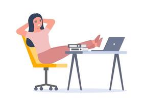 Passive work, woman relax on computer. Girl rest on workplace. Lazy tired person, break time. Vector illustration