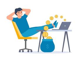 Passive income, internet salary, getting money on computer. Man work and relax in chair while coins fly out of computer. Easy earning money. Vector illustration