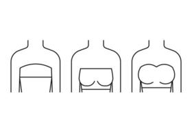 Woman breast lift, increase in size and reshape, line icon. Different shape and size. Breast augmentation. Small, sagging and full breast front view. Vector outline illustration