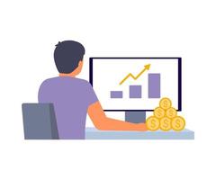 Passive income on growth profit, internet salary, getting money on computer. Back man and screen computer with graph increase. Easy earning money, online work. Vector illustration