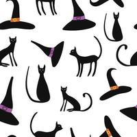 Hats seamless pattern. Witch hat and cats isolated. vector