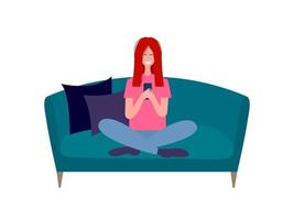 Young happy woman sitting on sofa and watching her smartphone. Woman sitting at home with mobile phone. Flat vector illustration.